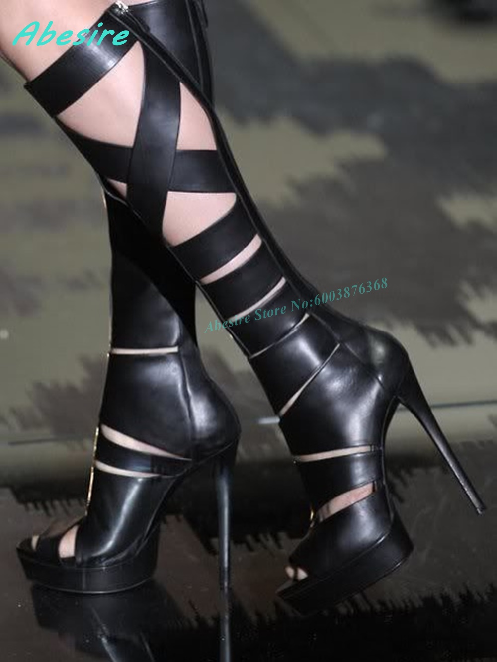 Knee High Boots Women - 크로스 타이드 홀로우 아웃 가죽 샌들