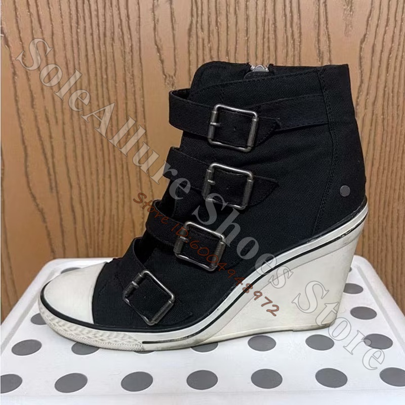 Knee High Boots Women - 그레이 멀티 버클 하이탑 웨지 스니커즈