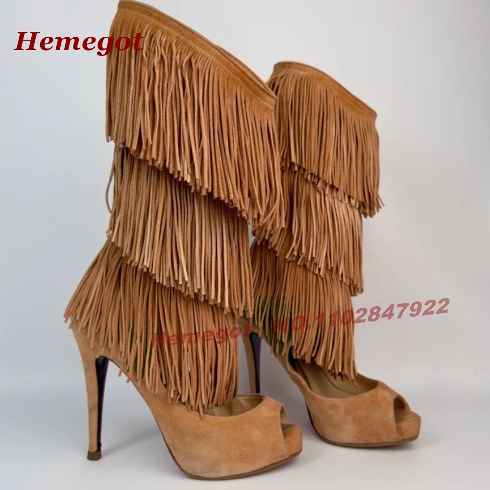 티어드 프린지 피프토 하이힐 샌들 부츠 스웨이드 플랫폼 - Knee High Boots Women 리뷰 및 가격