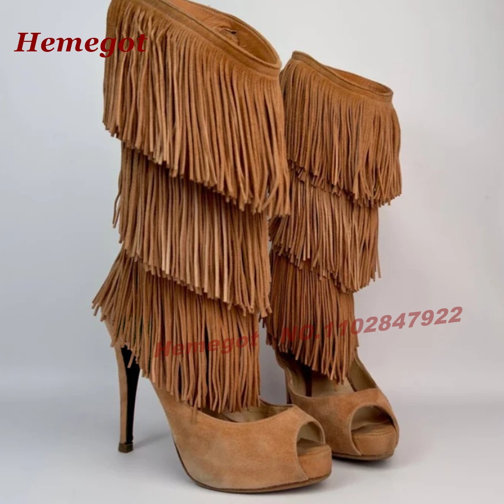 티어드 프린지 피프토 하이힐 샌들 부츠 스웨이드 플랫폼 - Knee High Boots Women 리뷰 및 가격